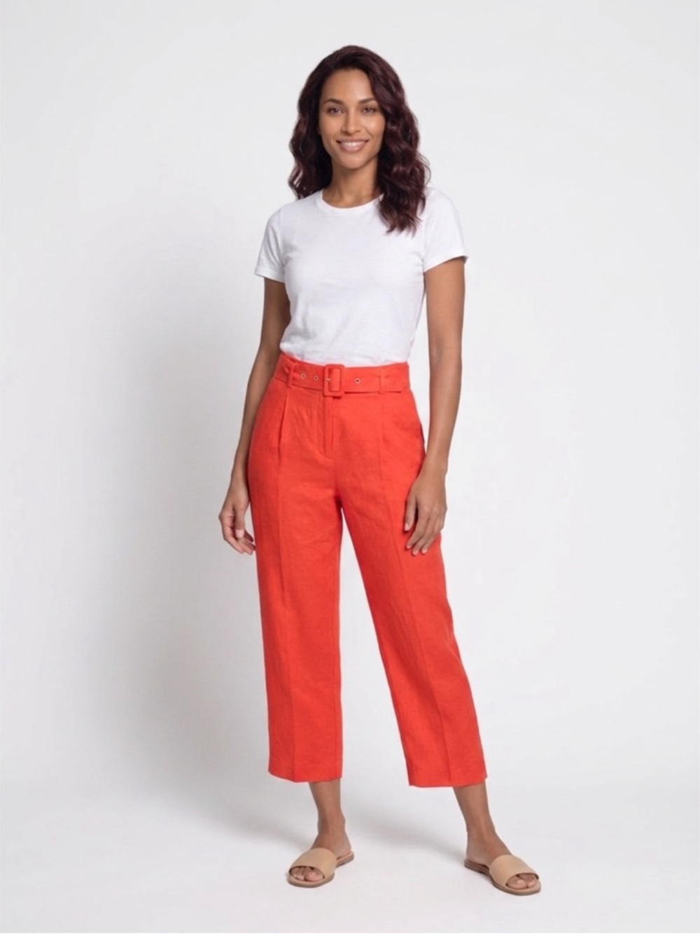 ASOS Coral-Red High-Waist Belted Wide-Leg Pants